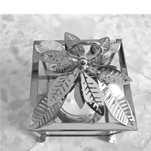 PartyLite Palm Leaf Jar Holder Candle Silver Lantern Glass Panels 11 x 7 New - Picture 5 of 5